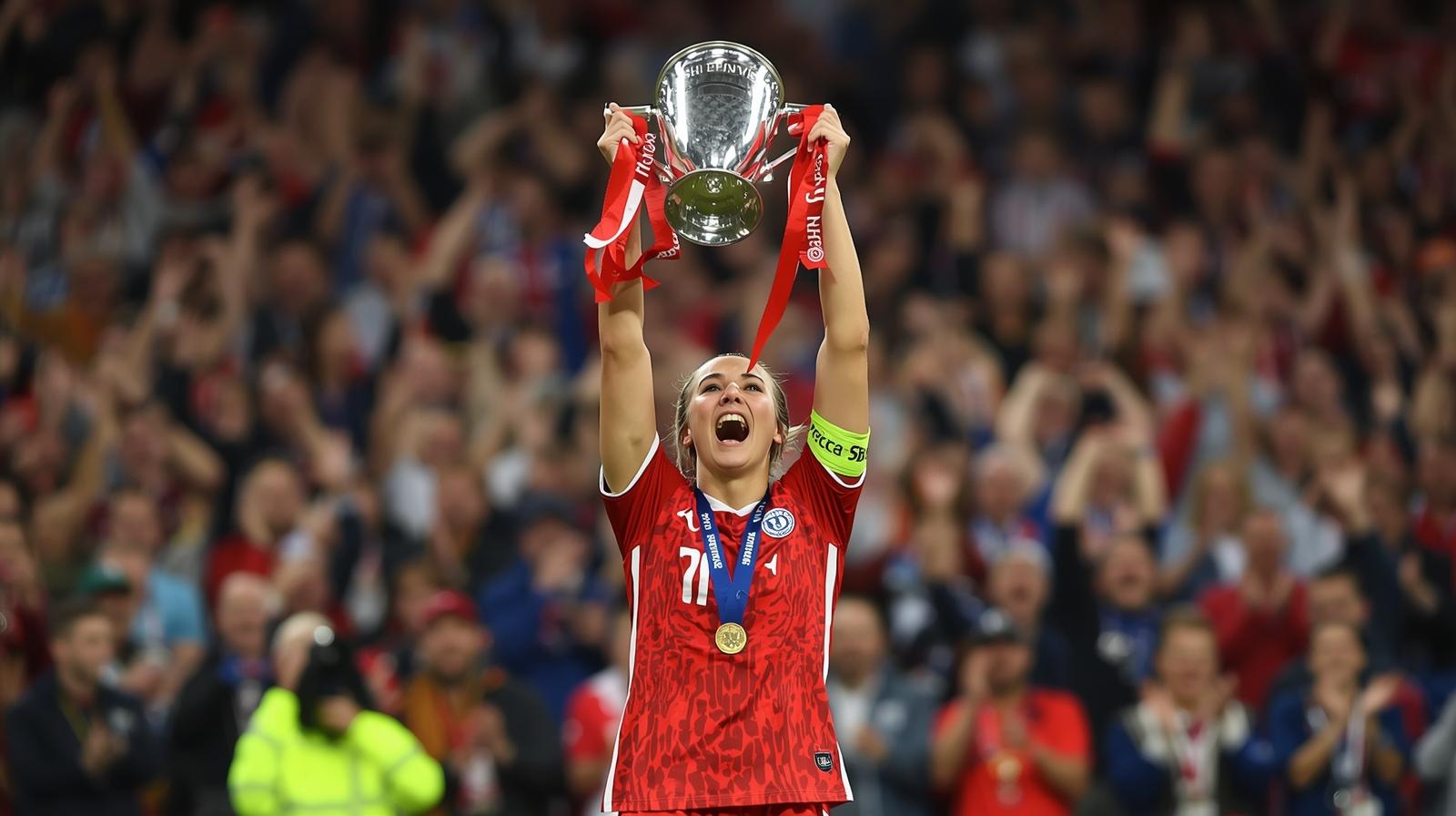 PRECISO DE UMA IMAGEM DE UMA MULHER VESTIDA DE ROUPA DE FUTEBOL, LEVANTANDO UMA TAÇA DE CAMPEÃ E COM A TORCIDA DE FUNDO.jpg